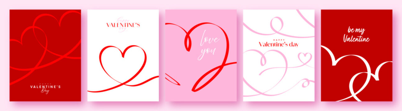 Valentines Day poster set, greeting card, red heart line art