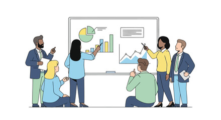 Illustration of diverse group of business professionals collaborating around a whiteboard with charts and graphs