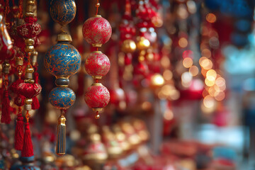 Colorful bokeh and lens flare effect over Lunar New Year market full of traditional crafts and red decorations