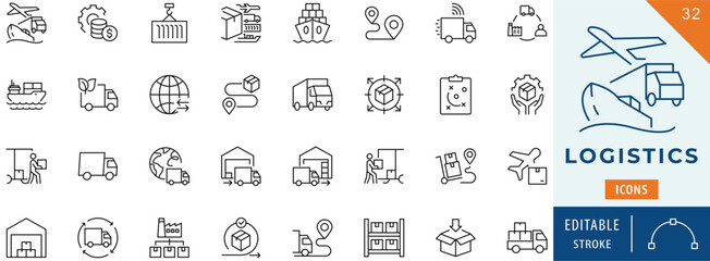 Logistics icon collection set. Editable stroke.