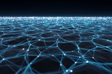 Digital network connections form an illuminated web over a dark background creating an abstract technological landscape