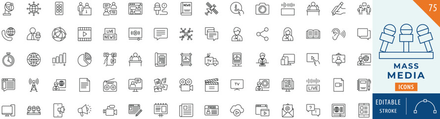 Mass Media icon collection set. Editable stroke.