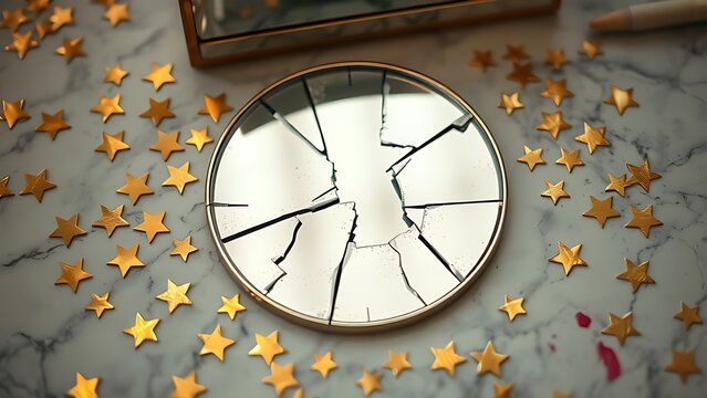 exemplification. Broken makeup mirror with scattered gold star stickers and lipstick marks on marble surface. lifestyle magazines.
