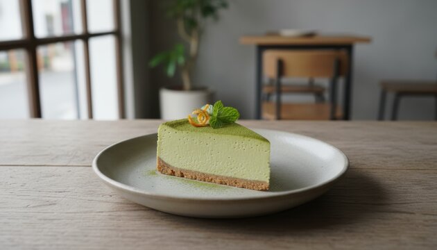 Matcha cheesecake slice represents modern dessert fusion and serene cafe culture moment