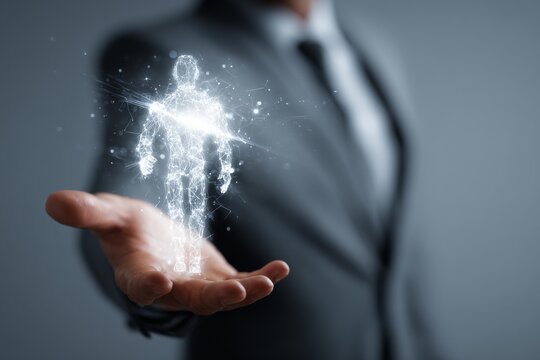 Digital representation of a human figure held in a businessman's hand showcasing the fusion of technology and creativity