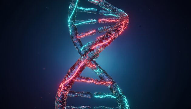 Digital dna strand visual shows scientific innovation and futuristic biotech concept evolution
