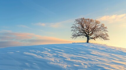 Winter Solstice: Serene winter solstice landscape at golden hour, single bare oak tree on snow-covered hill, low sun casting long shadows, pale blue and gold sky