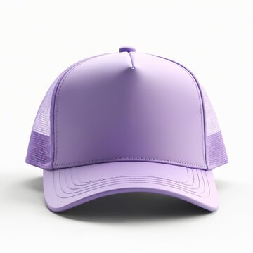 Lilac color trucker cap snapback lies on white backdrop. Baseball hat isolated for branding. Mockup template design for clothing accessories. Head wear fashion style textile blank object uniform.