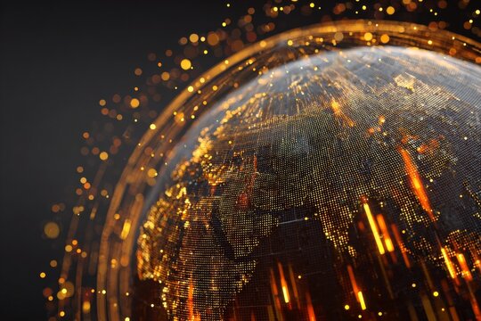 Glowing digital globe displaying data and connections across continents in a dark background