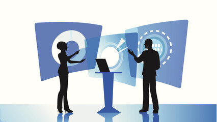 Futuristic conference silhouettes engaging with technology and data visualizations representing innovation and collaboration in a modern business setting