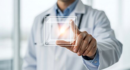 A doctor in a white coat touches a glowing 3d cube interface, symbolizing medical technology, research, and innovation in healthcare