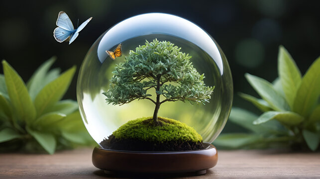 A world within: a beautiful, ethereal image of a tiny tree and a butterfly in a globe