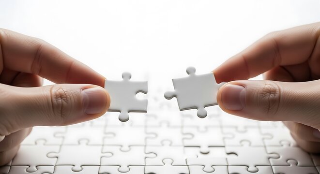 Two hands holding two white puzzle pieces, about to connect them, representing problemsolving, teamwork, and finding solutions