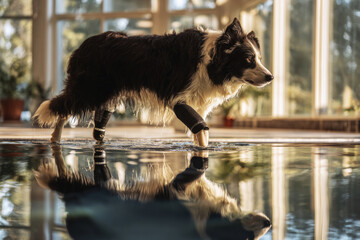A border collie is walking on an underwater treadmill during a rehabilitation session. The dog wears a prosthetic leg, focusing on fitness and recovery in a supportive gym environment