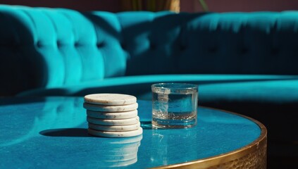 Stacked coasters and a glass of water on a turquoise table.