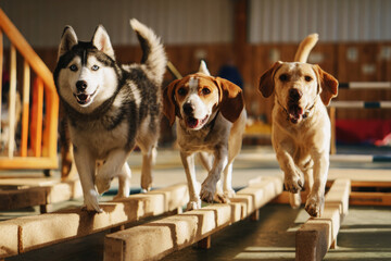 A husky, beagle, and Labrador navigate agility equipment in a spacious training hall. They engage in playful activities that promote fitness and bonding among the dogs