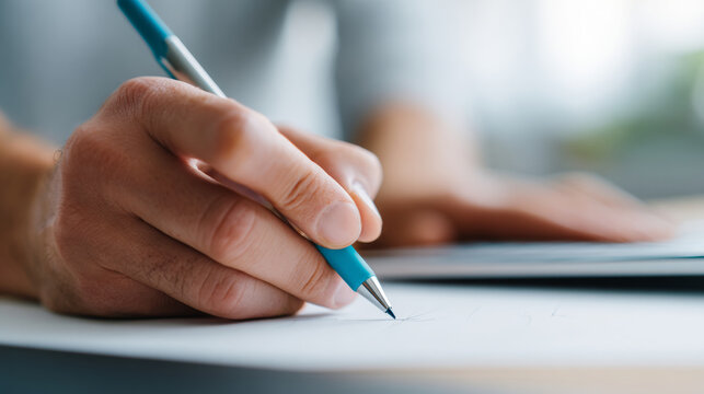 Close-up of a person writing with a blue pen on white paper with blurred background and natural lighting - Powered by Adobe