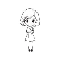 Beautiful Kawaii Girl Black and White Vector Illustration in Cute Simple Line Art Style