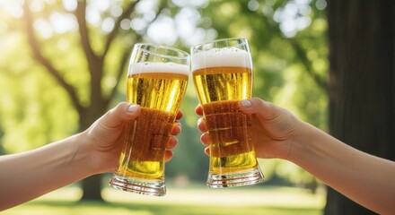 Cheers in the Sun Golden Beer Toast in a Green Park Refreshing moment.