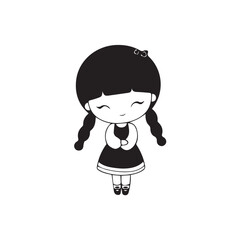 Beautiful Kawaii Girl Black and White Vector Illustration in Cute Simple Line Art Style