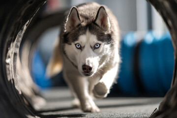 A husky confidently navigates through a tunnel while climbing a platform in a modern indoor dog training space, focusing on fitness and rehabilitation exercises