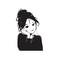 Beautiful Kawaii Girl Black and White Vector Illustration in Cute Simple Line Art Style