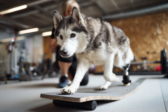 A husky skillfully navigates a tunnel and climbs on a platform in a contemporary indoor dog training area, promoting health and exercise. A trainer is present to assist