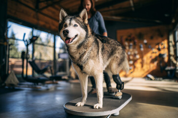 A husky is involved in a rehabilitation session, using a robotic exoskeleton on a treadmill in a fitness center. The interaction promotes mobility and health for the dog