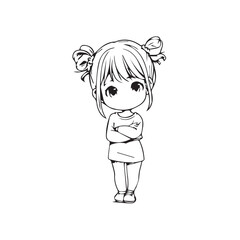 Beautiful Kawaii Girl Black and White Vector Illustration in Cute Simple Line Art Style