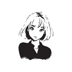Beautiful Kawaii Girl Black and White Vector Illustration in Cute Simple Line Art Style