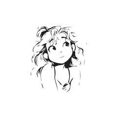 Beautiful Kawaii Girl Black and White Vector Illustration in Cute Simple Line Art Style