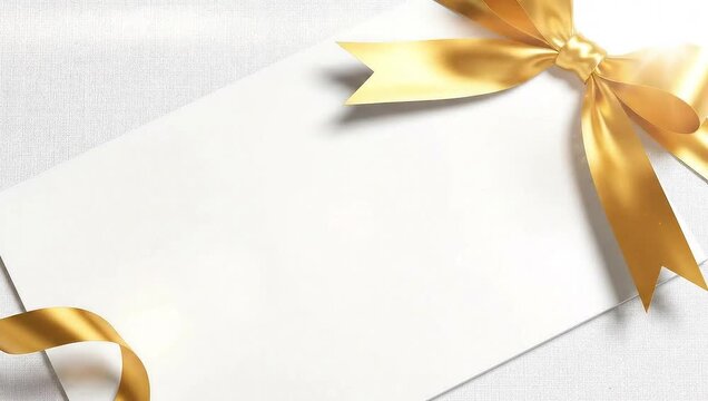 A golden ribbon gracefully unfurls and ties into a bow on a pristine white background, creating an elegant and festive visual.