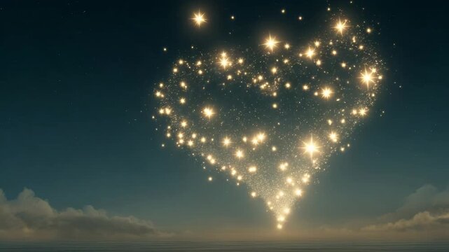 Heart-shaped sparkles illuminate the night sky, gradually cascading downwards in a magical display