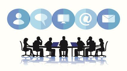 Diverse group of people in silhouette form collaborating and working on laptops in a modern circular office space representing teamwork and productivity