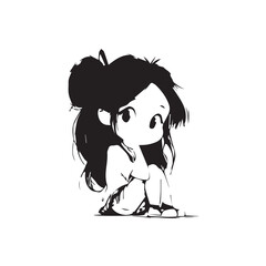 Beautiful Kawaii Girl Black and White Vector Illustration in Cute Simple Line Art Style