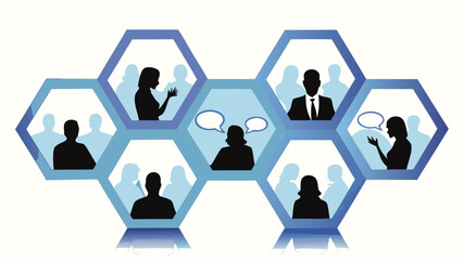 Modern business professionals depicted in a hexagonal network layout symbolizing teamwork connectivity and corporate strategy with clean geometric design elements and vibrant color options