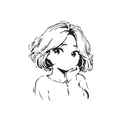 Beautiful Kawaii Girl Black and White Vector Illustration in Cute Simple Line Art Style