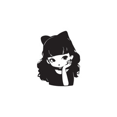 Beautiful Kawaii Girl Black and White Vector Illustration in Cute Simple Line Art Style