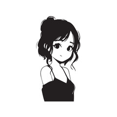 Beautiful Kawaii Girl Black and White Vector Illustration in Cute Simple Line Art Style