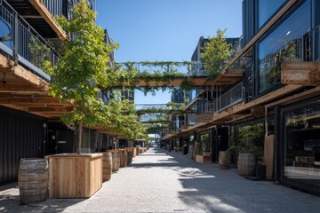 Obraz premium Modern marketplace with greenery and wooden accents under a clear blue sky