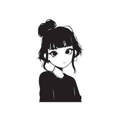 Beautiful Kawaii Girl Black and White Vector Illustration in Cute Simple Line Art Style