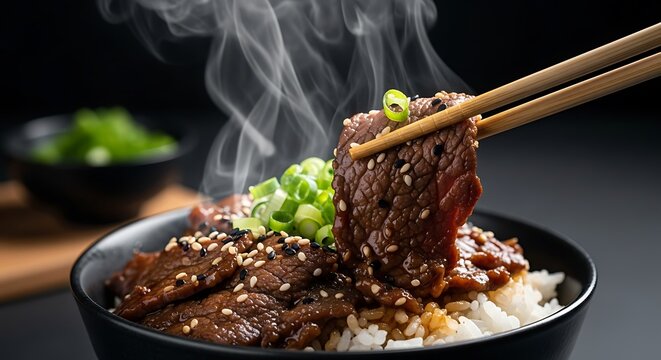 Closeup of steaming beef bowl with rice and scallions, garnished with sesame seeds, being picked up with chopsticks