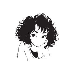Beautiful Kawaii Girl Black and White Vector Illustration in Cute Simple Line Art Style