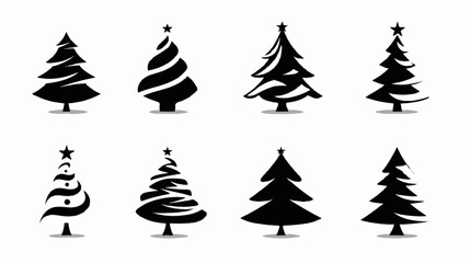 Obraz premium Set of diverse black Christmas tree silhouettes and icons for holiday season. Vector illustration of abstract festive evergreens.