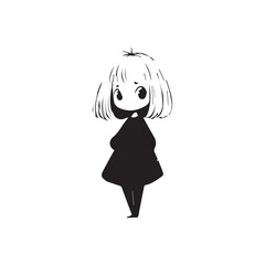 Beautiful Kawaii Girl Black and White Vector Illustration in Cute Simple Line Art Style