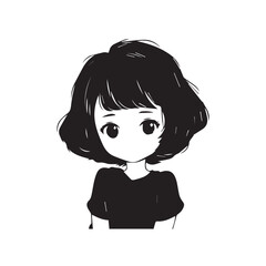 Beautiful Kawaii Girl Black and White Vector Illustration in Cute Simple Line Art Style