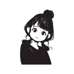Beautiful Kawaii Girl Black and White Vector Illustration in Cute Simple Line Art Style