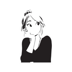 Beautiful Kawaii Girl Black and White Vector Illustration in Cute Simple Line Art Style