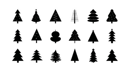 Obraz premium Black Christmas tree silhouettes set. Diverse evergreen coniferous tree shapes. Minimalist winter holiday and forest icons.