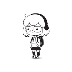 Beautiful Kawaii Girl Black and White Vector Illustration in Cute Simple Line Art Style